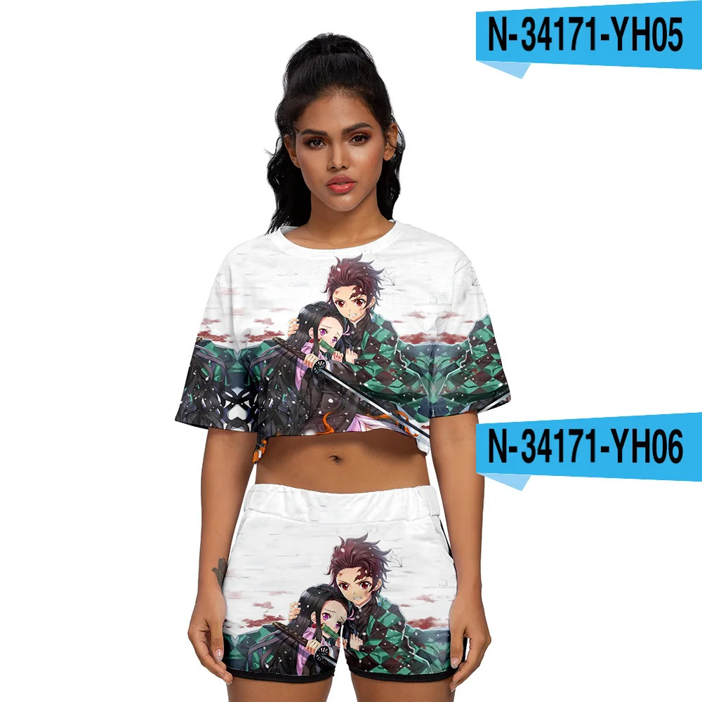 

Popular Anime Demon Slayer Kimetsu No Yaiba Summer Outfit Top +Shorts Sport Suits Girls /Women's Kamado Nezuko Running clothing