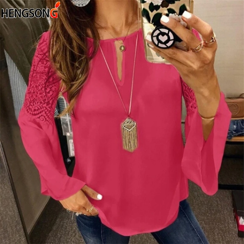 Blusas Mujer De Moda 2020 модная кружевная женская блузка с расклешенными рукавами
