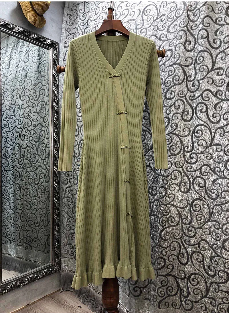 

2020 Autumn Winter Wool Knitted Dress High Quality Women V-Neck Vintage Buttons Up Long Sleeve Yellow Green Casual Sweater Dress