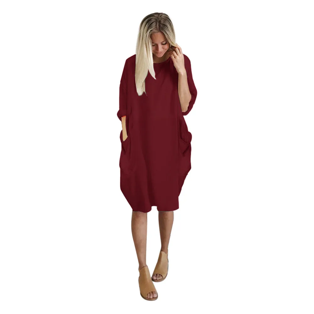 

Vestidos Women Casual Loose Dress with Pocket Ladies Fashion O Neck Long Tops Female Dress Streetwear Clothes Plus Size Robe