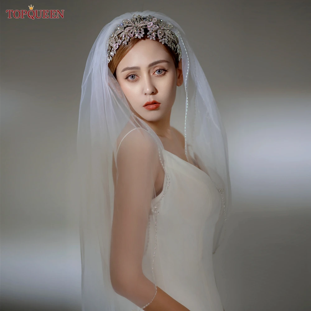 

TOPQUEEN V118 Wedding Veil with Crystal Edge Fingertip Length Mantilla Bridal Veil Wedding for Bride White Soft Italian Tulle