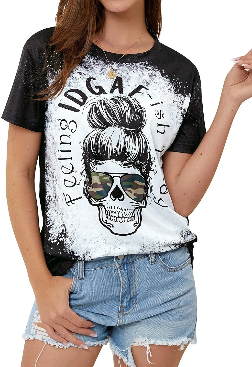 

2021 Cross-border New Women's Shirts Europe and America Skeleton Pattern Printed Round Neck Short Sleeve T-shirt