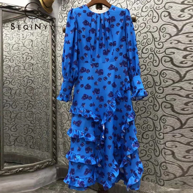 

Женское винтажное платье-трапеция SEQINYY, синее платье-миди с цветочным принтом, весна-осень