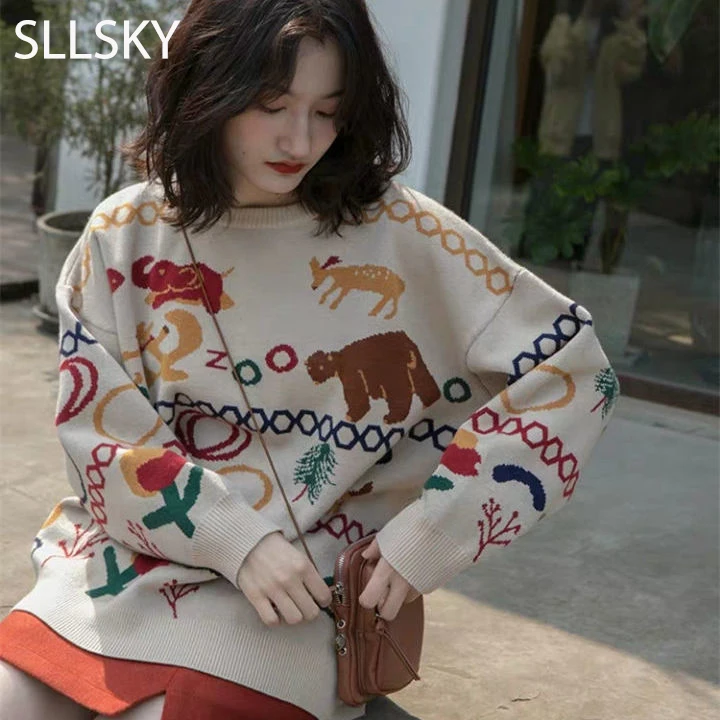 

Sllsky Animal Cartoon Printed Knitted Women Sweater 2020 new Winter Fashion O neck Women Sweater Loose long sleeve Pullovers