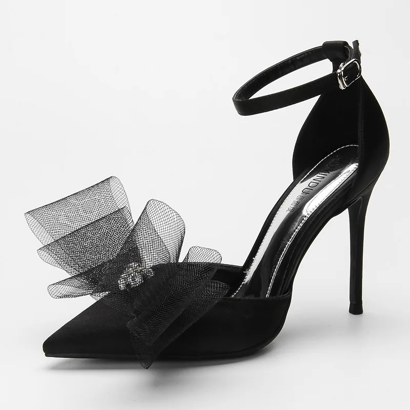 

Sandals Stiletto Heels Bow Shoes Buckle 2021 Women's Suit Female Beige Large Size Comfort Sexy New Girls Black High Strap Big Pu