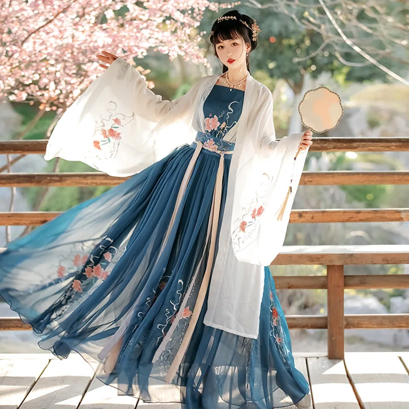 

Женская юбка на талию Hanfu в китайском стиле, сказочный и элегантный студенческий костюм в старинном стиле для весны и лета