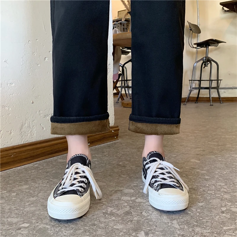 

NEW Jeans Women Plus Velvet Thicker Khaki High Waist Zipper Elastic Straight Simple School All-match Womens Trousers Chic Haraju