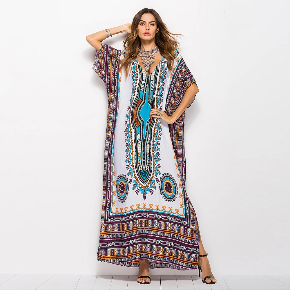 

Bohemian Women Maxi Dress Muslim Abaya Print Batwing Sleeve Summer Ethnic Beachwear Holiday Vestidos De Fiesta Moroccan Kaftan
