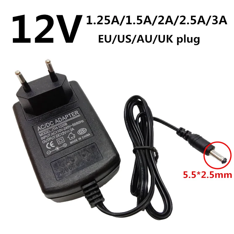 DC 12 В 12 вольт 1.25A 1.5A 2A 2.5A 3A источник питания AC 100 В-240 В адаптер конвертер Великобритания AU США ЕС вилка 5,5 мм x 2,5 мм DC5.5mm Swiching
