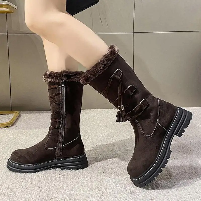 

Shoes Leather Snow Boots Woman 2022 Winter Warm Mid Calf Ladies Ytmtloy Round Toe Zipper Square Heel Botines De Mujer Sexy
