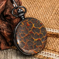 womens volcanic rock pattern pocket watch numerals clear quartz dial alloy smooth flip cover thick chain pendant men presents