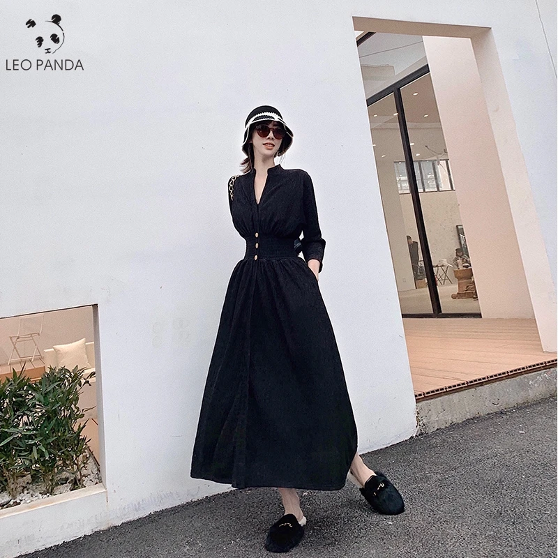 

Women Vintage Front Button Sashes Party Dress Three Quarter Sleeve Turn Down Collar Solid Dress 2020 Spring New Fashion Dress