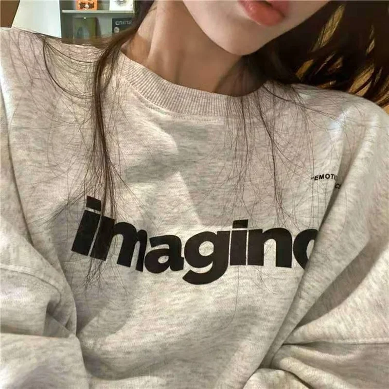 

Sweatshirts Women Loose No Hat Printing Simple Leisure Unisex Spring Autumn All-match Street Students Clothing Female O-neck New