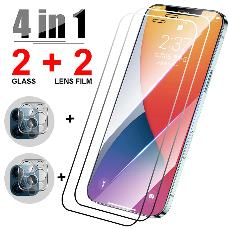 

4IN1 Tempered Glass for iPhone 12 Pro Max 12 Mini 12Pro Screen Protector Phone Camera Lens Film for iPhone 11 Protective Glass