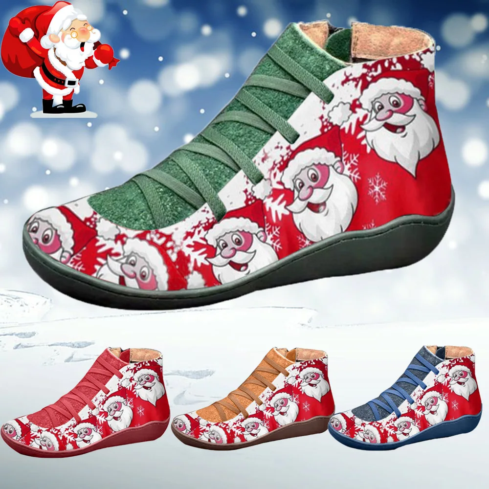 Рождественские ботильоны женская винтажная зимняя обувь с принтом Санты зимние