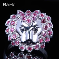 BAIHE Solid 14K White Gold Natural Ruby Black Diamond Lion rings for men women Trendy Engagement Fine Jewelry anillos mujer
