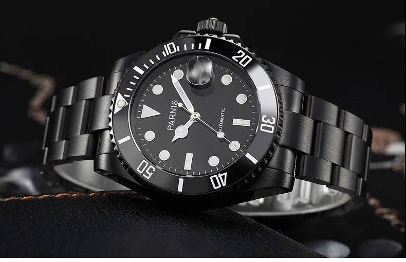 Мужские наручные часы PARNIS с PVD покрытием 40 мм автоподзаводом черный ремешок
