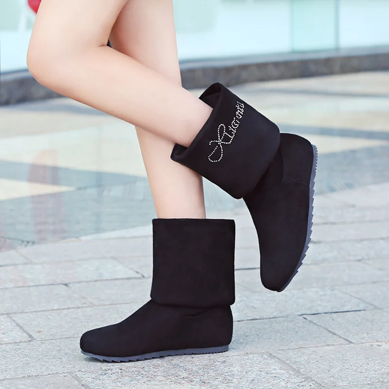 Женские высокие сапоги на осень-зиму модные флоковые до колена женская черная