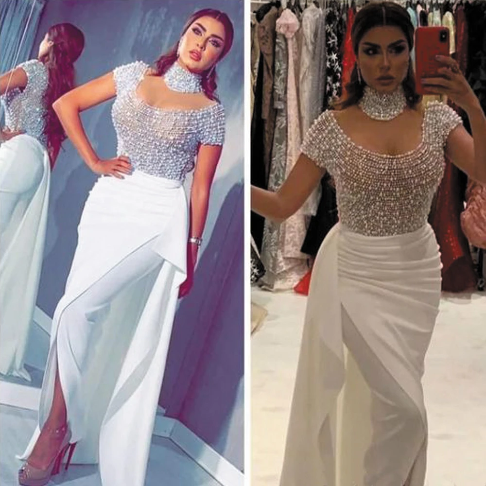 

SuperKimJo Vestidos De Fiesta De Noche High Neck Evening Dresses Long Beaded Peals Mermaid White Evening Gown Formal Dress