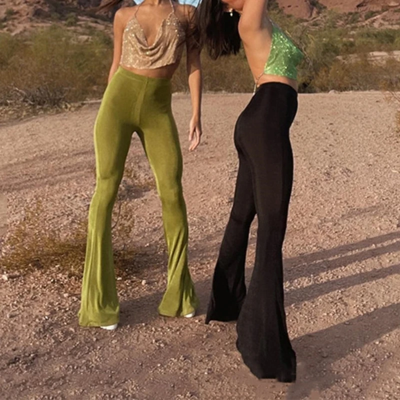 

Women Elastic High Waist Flare Leg Palazzo Long Pants Vintage Boho Solid Color Green Stretchy Bell Bottom Slim Trousers