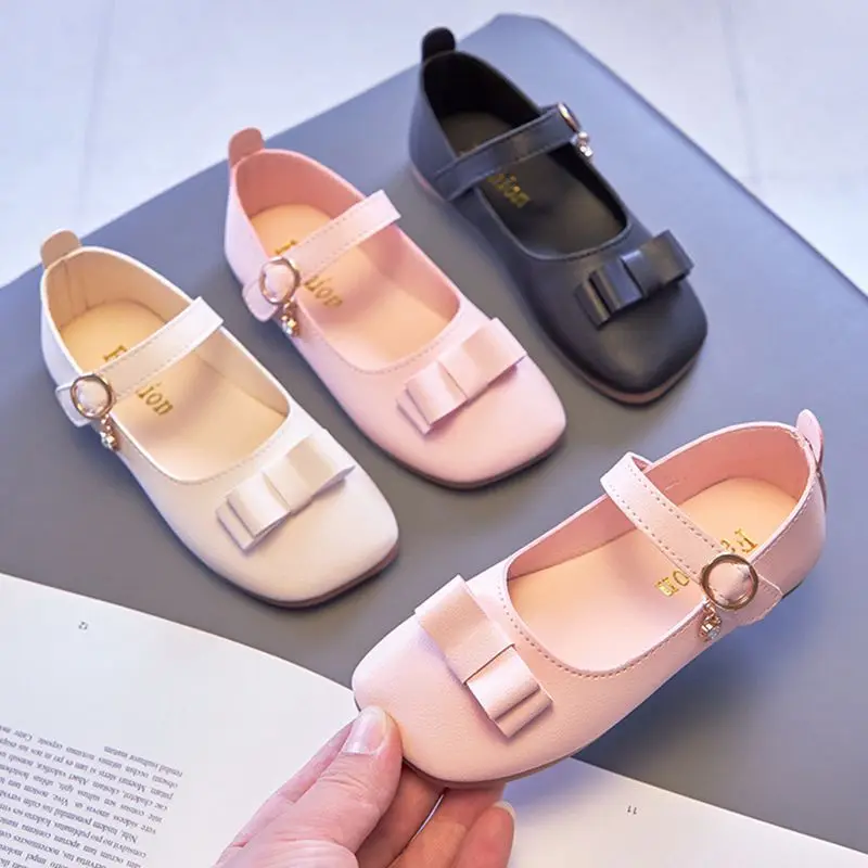 

Spring Autumn Girls Shoes Casual Girls Kids PU White Shoes Bow Mary Janes Shoes Black Kids Flats Child Single Shoes