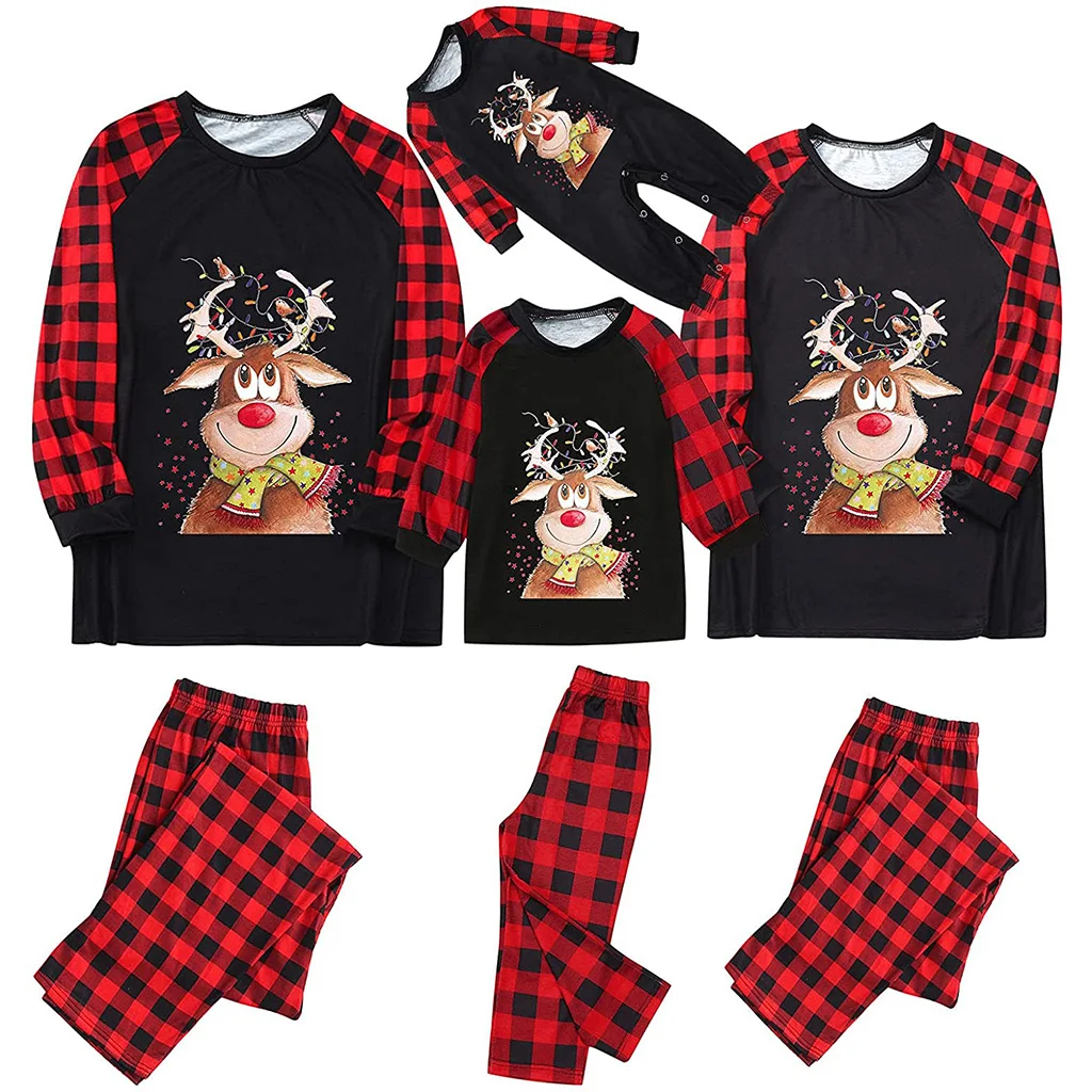 

Blekii Matching Family Christmas Pajamas Xmas Holiday Sleepwear Jammies Printed Top and Red Plaid Pants Long Sleeve PJs Set