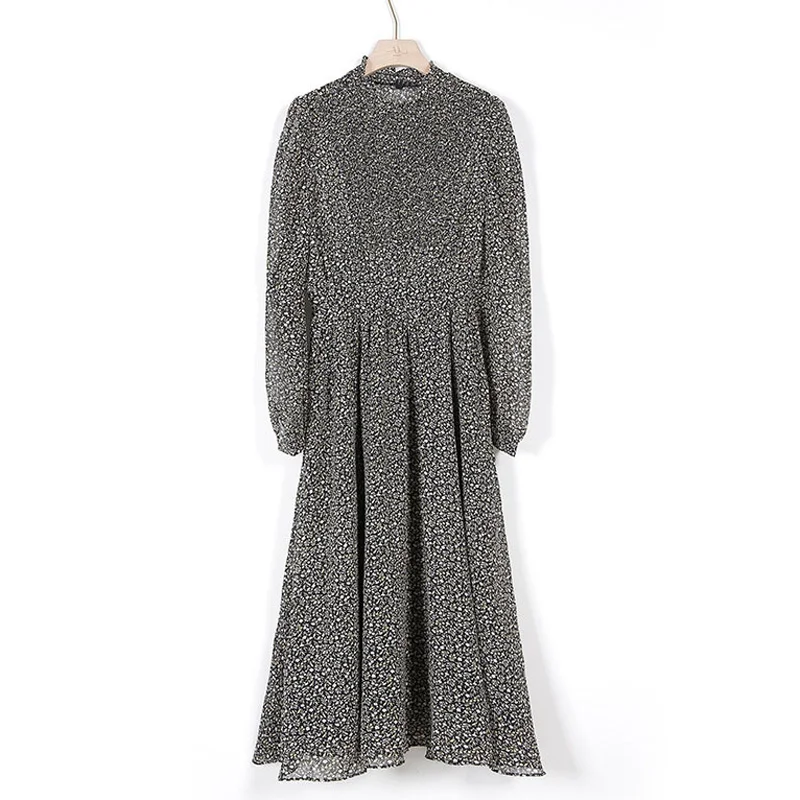 

Vintage Stand Collar Ruched Sleeve A-line Dress Women Floral Print Elastic Waist Female Dress Spring femme clothing women