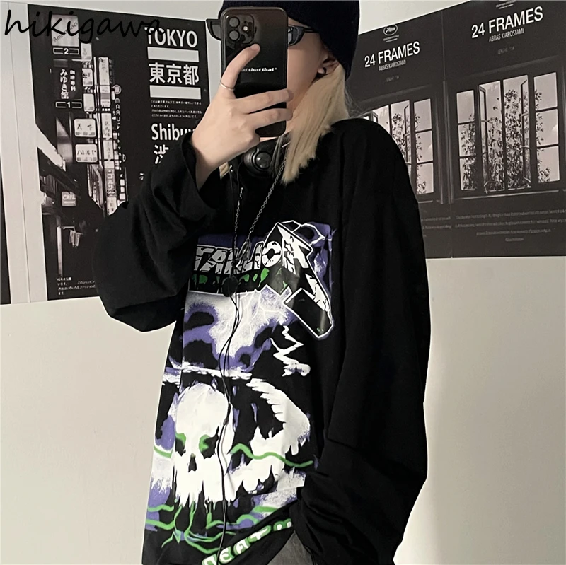 

Hikigawa Long-sleeve T-shirt Female 2021 Autumn High Street Dark Rock Vintage Print Tees Japanese Harajuku Style Loose Tops