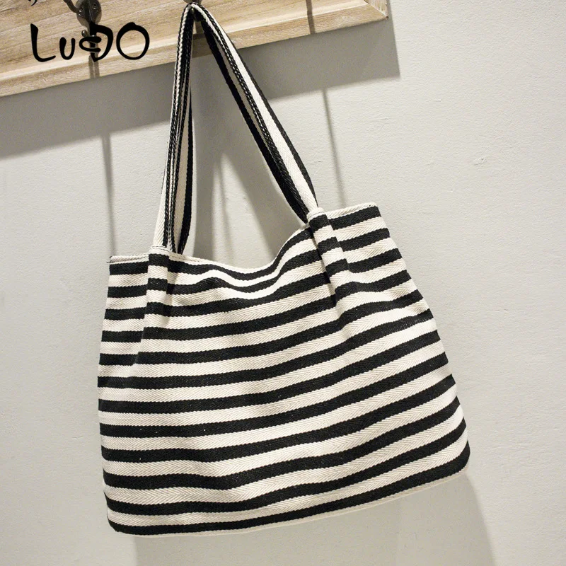 

LUCDO 2020 New Lady Handbag Canvas Large Shoulder Bag Fashion Stripe Women High Quality Hobo Tote Bags Casual Shopping Bags