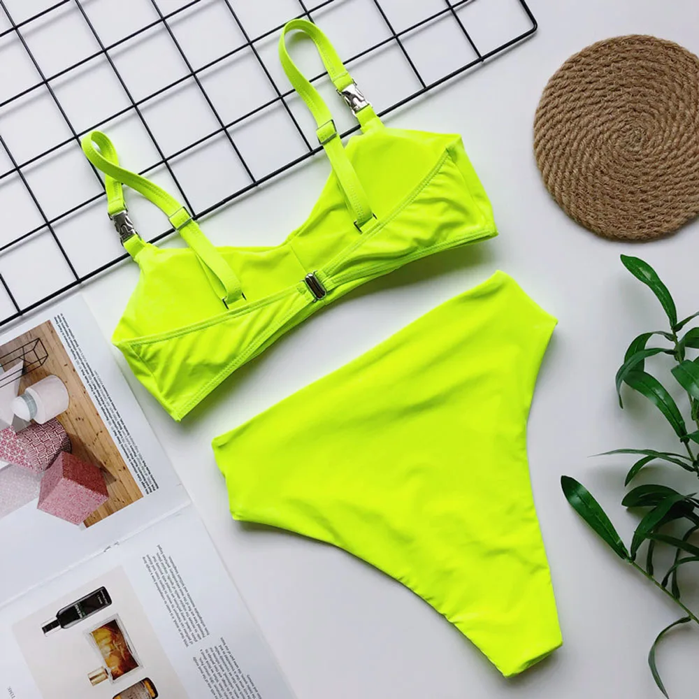 Комплект бикини женский с высокой талией пикантный неоновый зеленый купальный