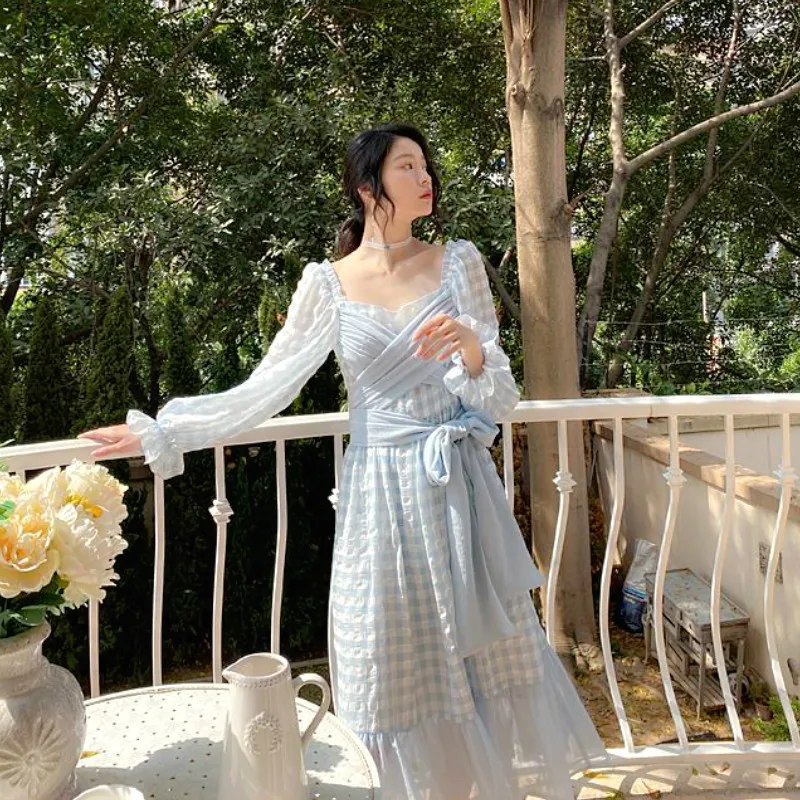 

Elegant Designer Dress Women French Style Plaid Chiffon Sweet Dress Long Sleeve Ruffles Party Dress Women's Clothing Autumn 2020