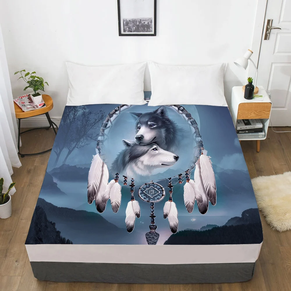 

3D HD Fitted Sheet 160x200/150x200/200x220,Bed Sheets On Elastic Band Bed,Mattress Cover.Bed Linen Cartoon Wolf Dreamcatcher