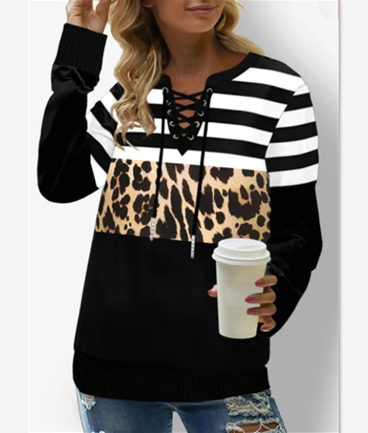 Ladies pullover top leopard print pullover sweatshirt autumn ladies V-neck irregular color block leopard print pullover 2022