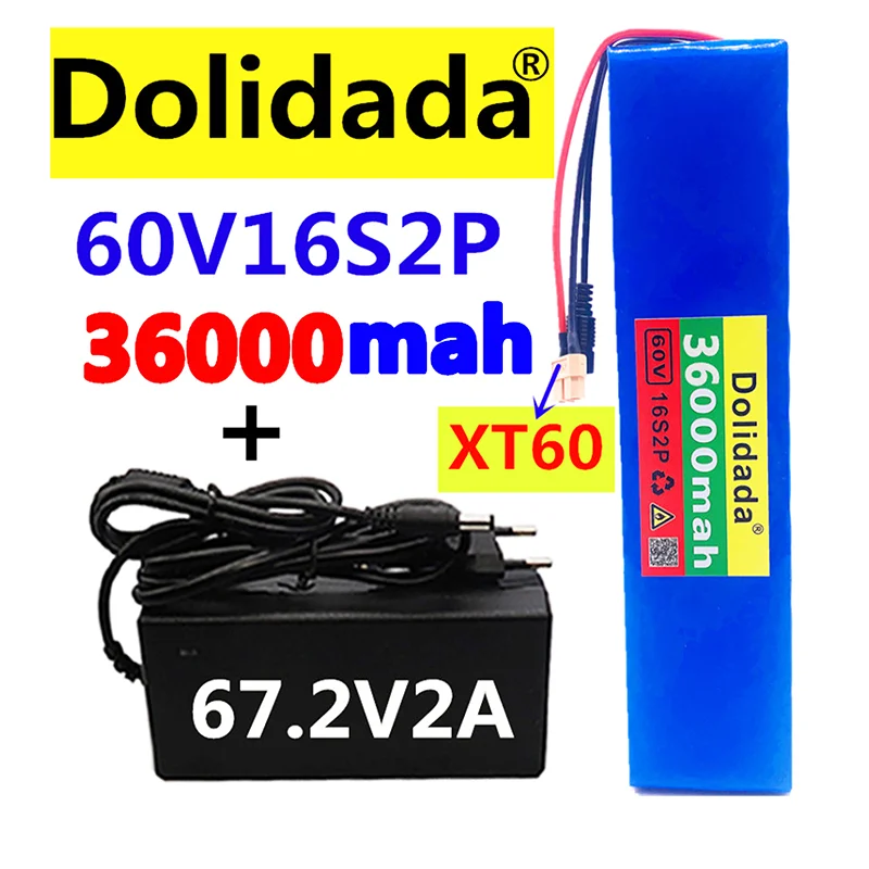 

New 60V 16S2P 36Ah 18650 Li-ion Battery Pack 67.2V 36000mAh Ebike Electric bicycle Scooter with BMS 1000Watt XT60 plug + charger