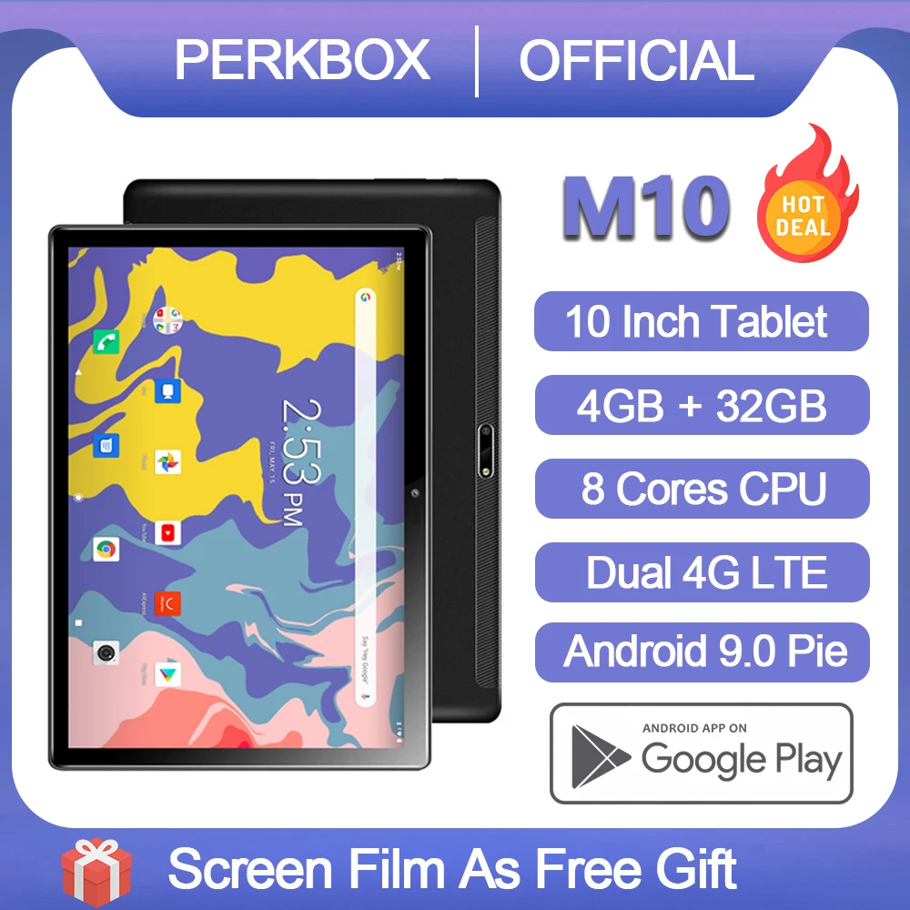 Perkbox M10 Tablet 10 Inch Octa Core 4GB RAM 32GB ROM Android 9.0 OS 1280x800 HD IPS 4G FDD LTE Network WiFi GPS 5000mAh Battery