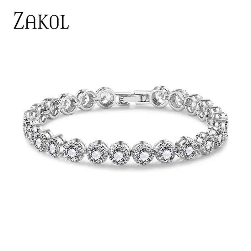 

ZAKOL Fashion White Gold Color Round AAA Cubic Zircon Chain & Link Tennis Bracelet for Elegant Women Party Jewelry FSBP096
