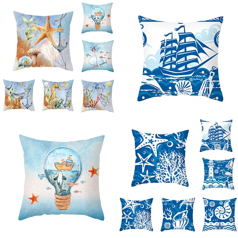 

Blue Ocean Style Peach Skin Pillowcase Seabed Creature Nautical Theme Sofa Cushion Throw Pillow Cover 45*45cm