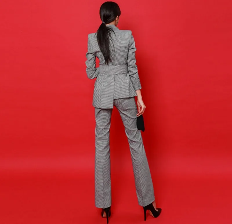 

autumn winter Women's office suit Korean temperament Slim double-breasted Houndstooth suit jacket trousers two-piece
