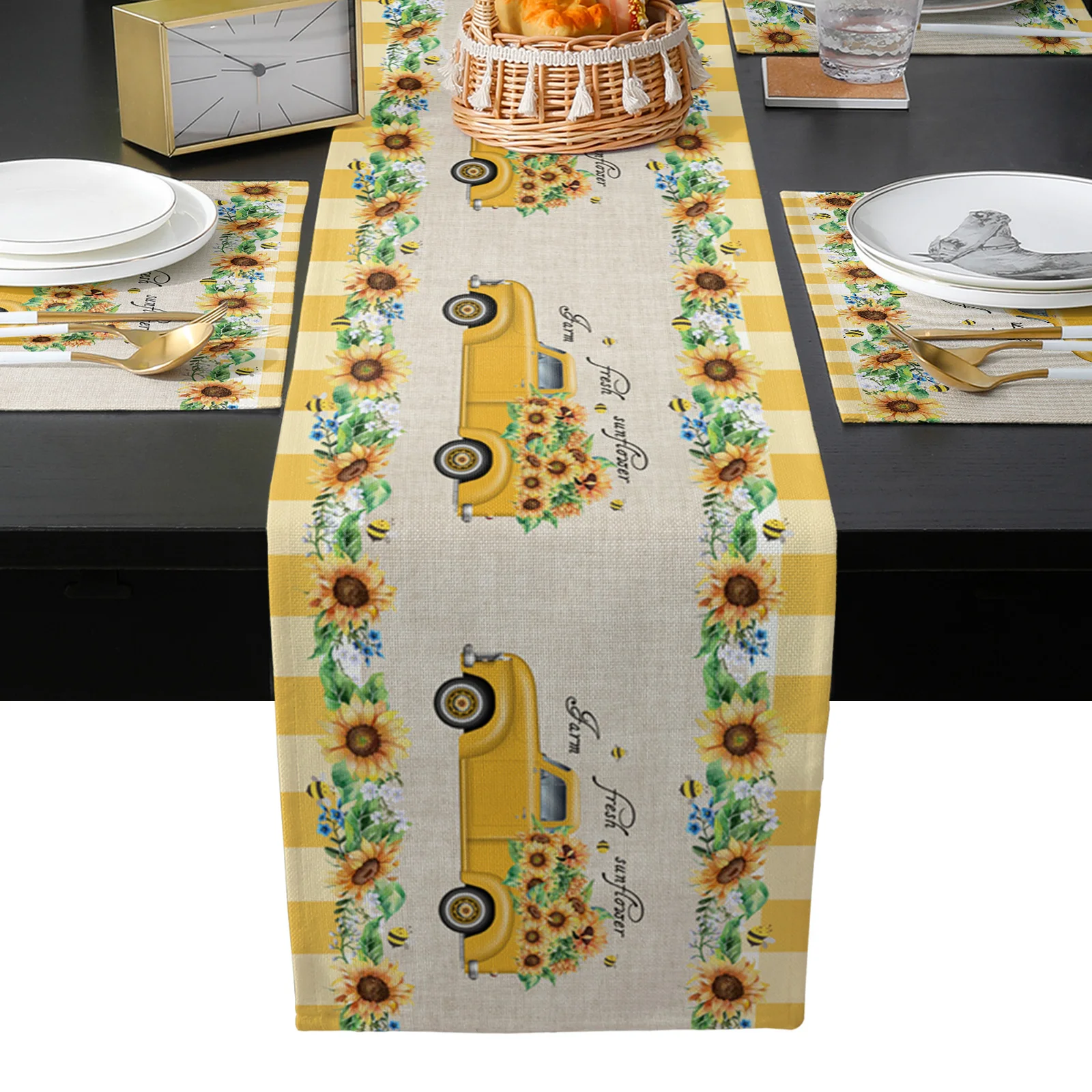 

Truck Carrying Sunflowers American Pastoral Style Set Table Runner Set Home Decor Table Runner for Wedding Party Decoration