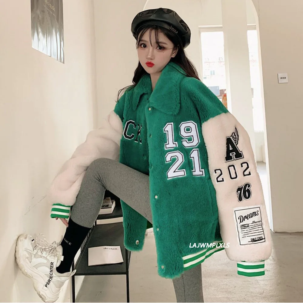 

Women Harajuku Quilted Coats Lamb Patchwork Big Letter Jacket Cotton Fashion Casual Padded Thick Parkas Female Streetwear Winter