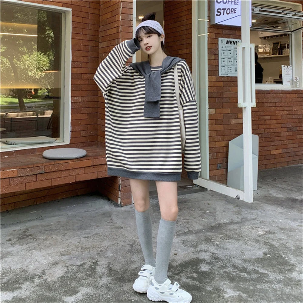 

2021 New Autumn Stripe Hoodie Sweatshirt Harajuku Streetwear Women Spring Loose Long Sleeve Pullovers Crewneck Sweatshirt