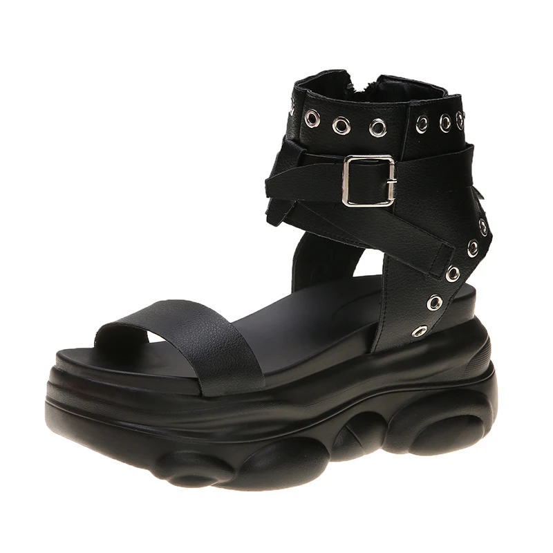 Сандалии женские кожаные на платформе повседневная обувь массивной подошве с