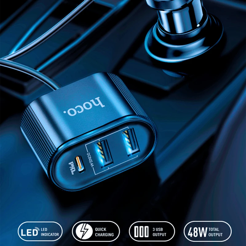 Автомобильное зарядное устройство Hoco с несколькими usb портами умное IC 3usb Type C PD QC 3