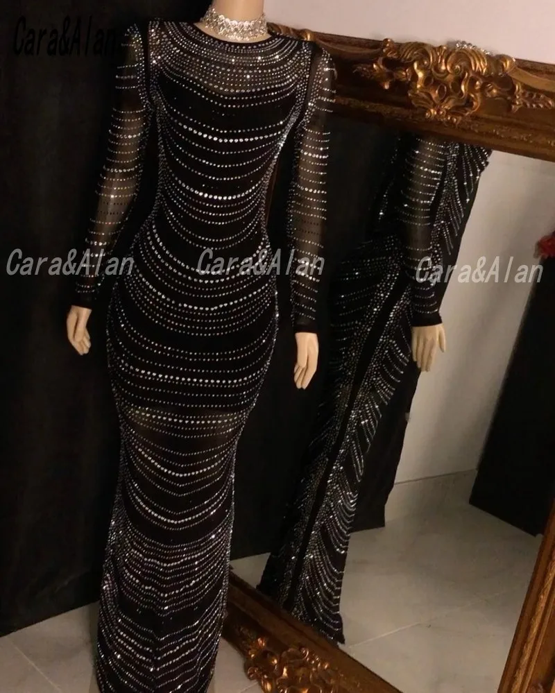 Sexy Robe De Soirée Black Prom Dresses 2021 Beading Crystal Mermaid Evening Dress Long Sleeves Vestidos De Graduación