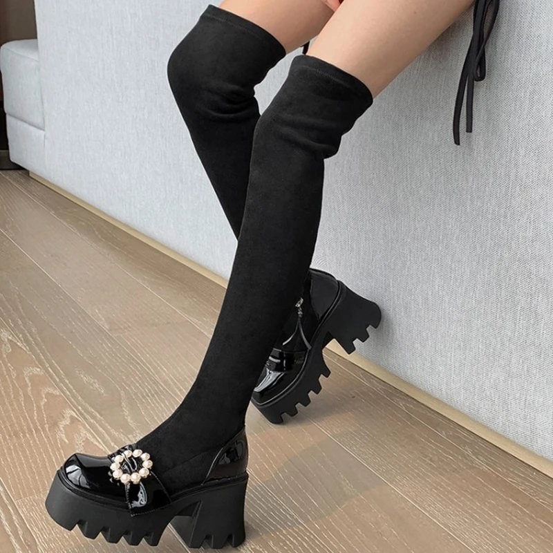 Женские сапоги выше колена черные на платформе с квадратным носком новинка 2021 |