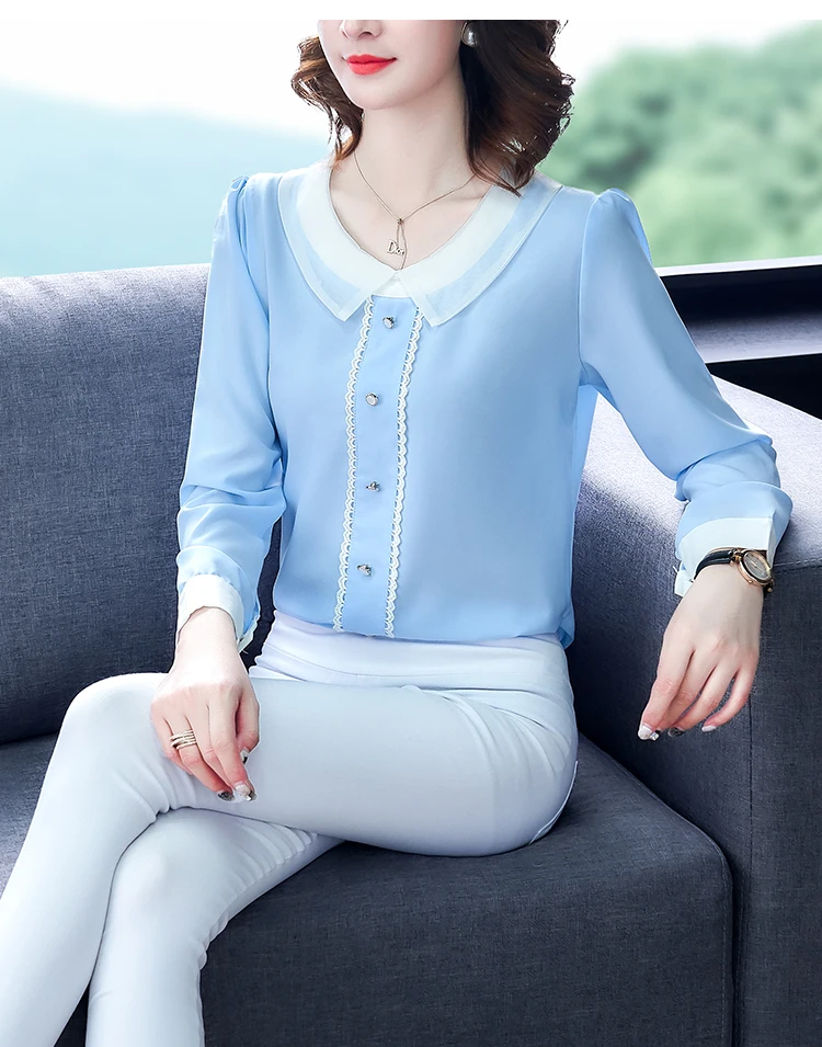 Женские блузки blusa mujer moda с круглым отложным воротником и длинным рукавом, шифоновые Женские топы и блузки размера плюс, женские топы 6933 50