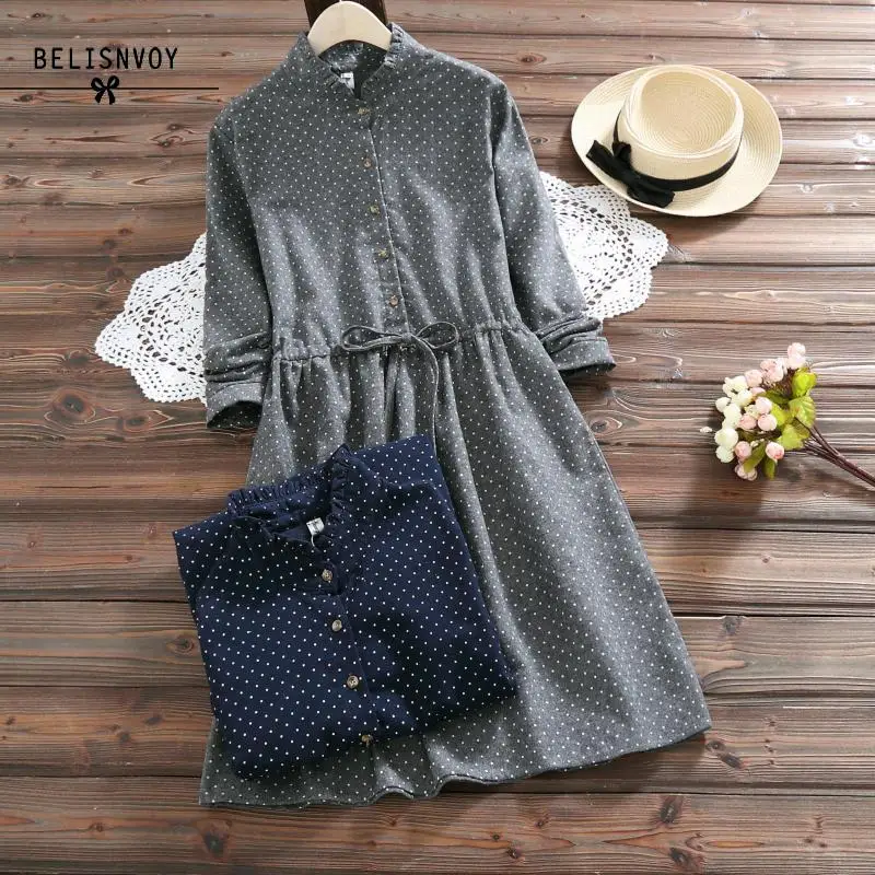 Mori Girl Spring Autumn Women Dresses Stand Collar Elbise Long Sleeve Vintage Dress Polka Dot Printed Femininos Vestidos