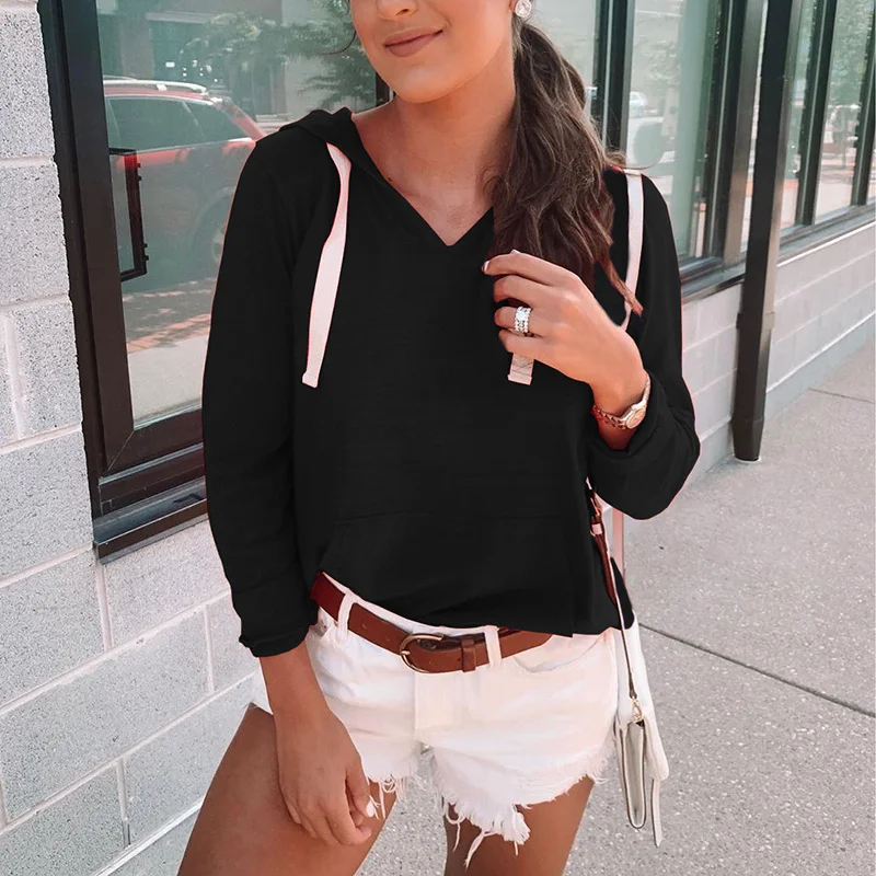 Женская однотонная Толстовка с длинным рукавом V образным вырезом и