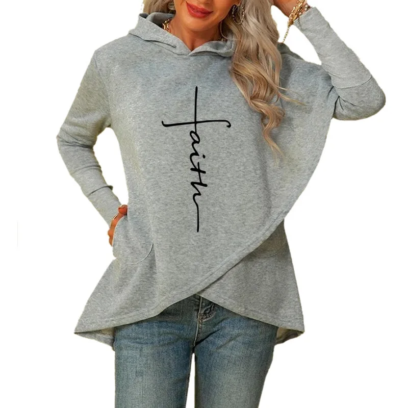 Hoodies Faith Letter Letters Print Hoodies For Women Hoodies Sweatshirts Tops Kawaii Cotton Hoody Pockets Printing Buckle