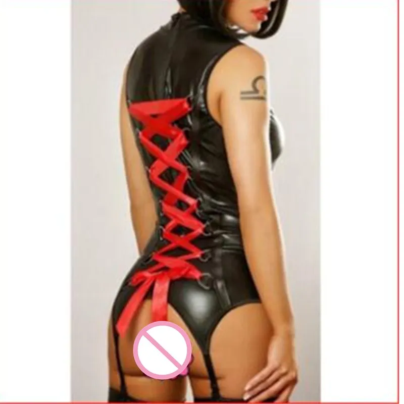 

Erotic Sexy Lingerie Women PU Leather Latex Teddy Bodysuit Sexy Red Ribbon Lace Up Bondage Erotic Dress Porno Costumes Clubwear